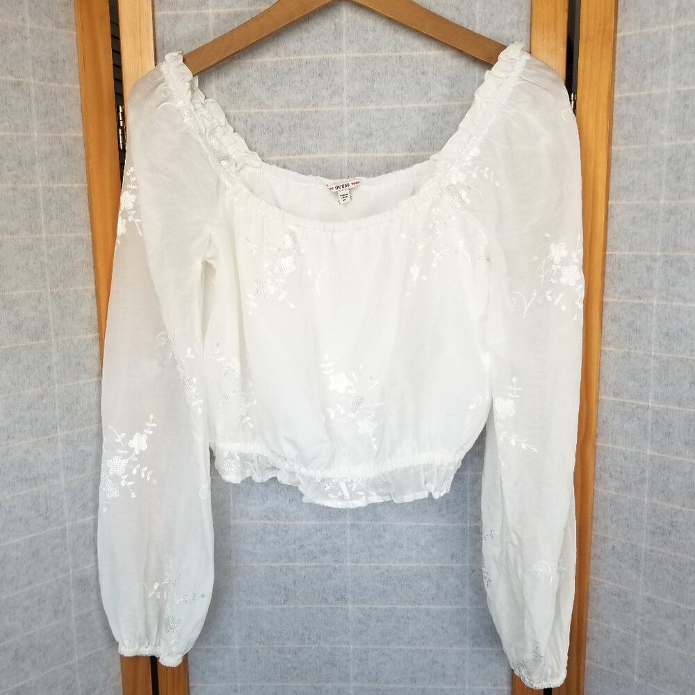 Patriotic Guess XS White Cassie Crop Top Long Sleeves Embroidered Feminine